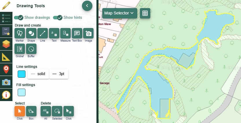 Draw freehand polygon option, with blue polygon drawn on map
