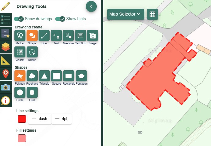 Draw polygon option, with red polygon drawn on map