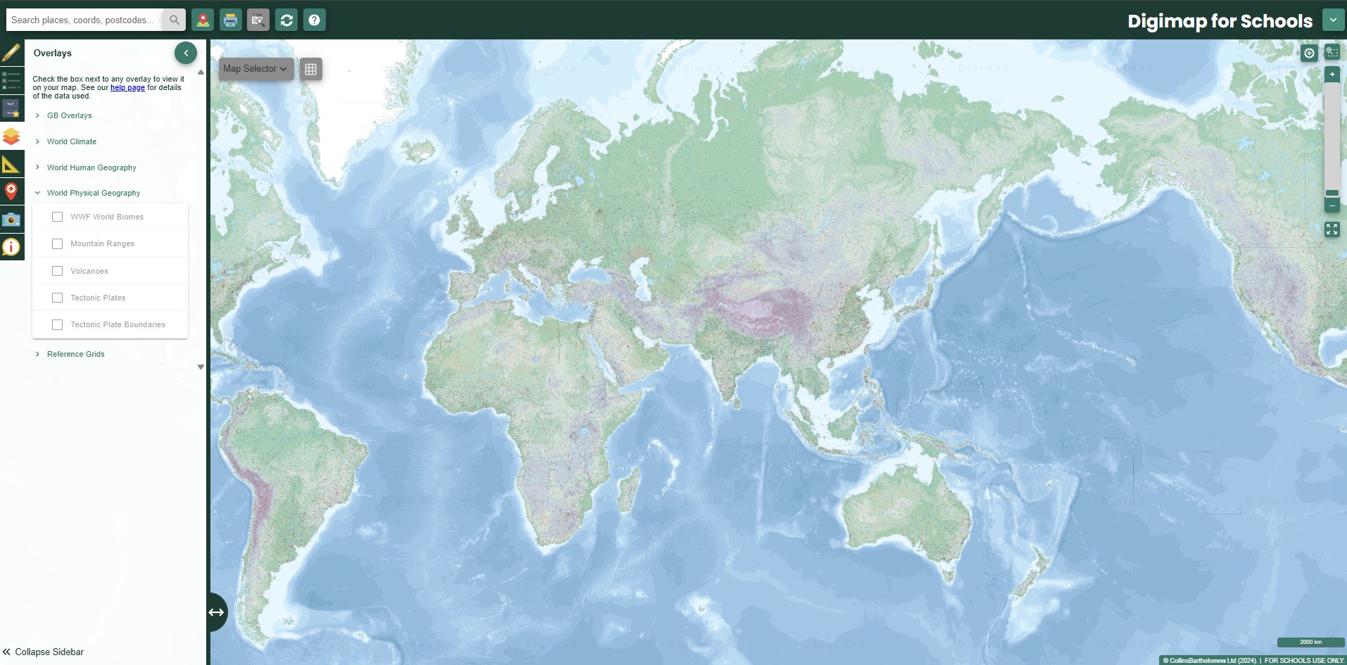 Image showing world overlays greyed out after panning the map.